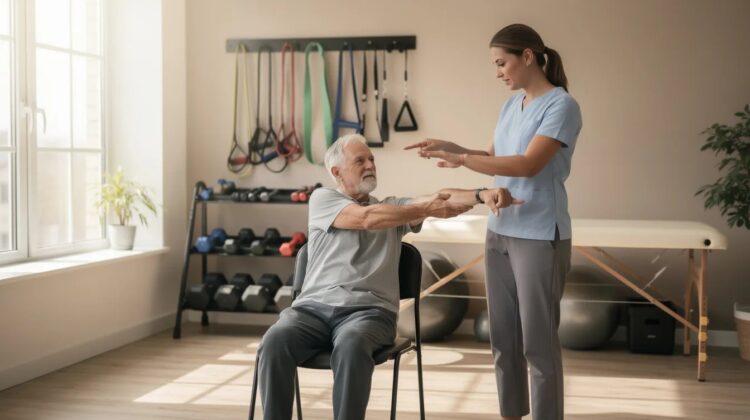 A senior person participating in a physical therapy session with a therapist in a bright therapy room, following exercise instructions.