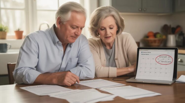 A senior couple at a kitchen table reviewing Medicare enrollment documents with a calendar and laptop.