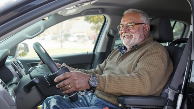Senior driver using adaptive hand controls in modified vehicle covered under Medicare Part B.
