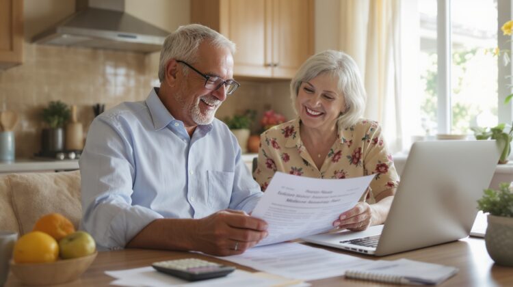 Senior couple reviewing Medicare Advantage out-of-pocket maximum costs on their laptop.