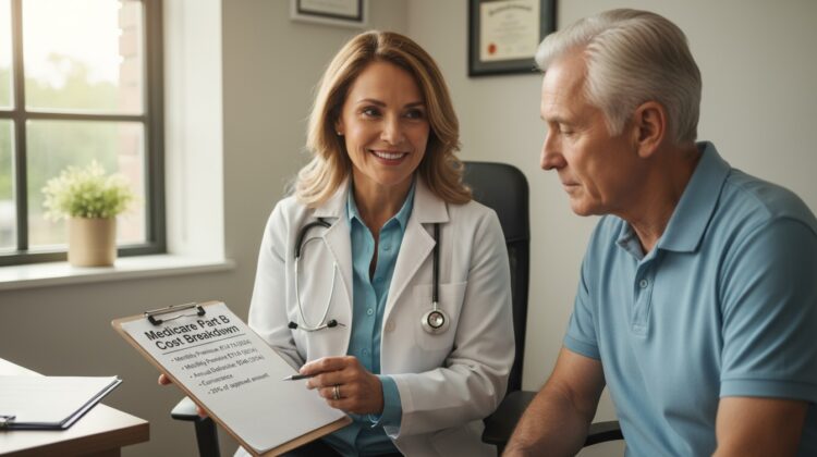 Doctor reviewing Medicare Part B costs and coverage details with a senior patient in an exam room.