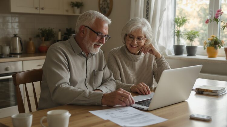 Senior couple reviewing the four parts of Medicare—A, B, C, and D—while comparing plan options online.