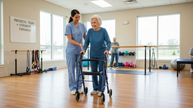 Senior patient receiving rehabilitation care in a skilled nursing facility covered by Medicare after a hospital stay.