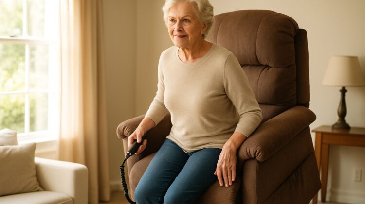 Older woman using a motorized lift chair at home to stand up independently.