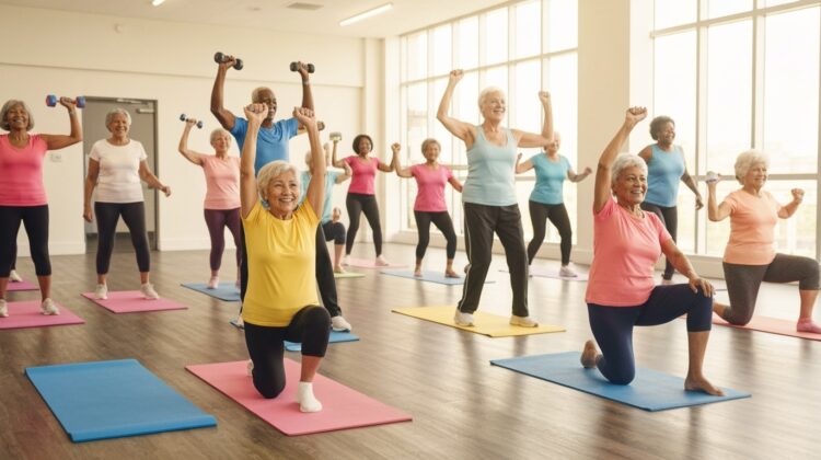 Group of seniors exercising together in a fitness class, representing the SilverSneakers program available with many Medicare plans.