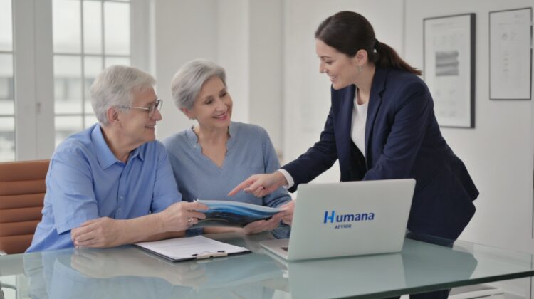Senior couple reviewing Humana Gold Plus Medicare Advantage plan options with a licensed advisor.