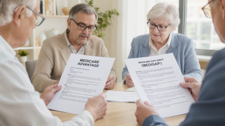 Seniors comparing Medicare Advantage and Medicare Supplement plans with an insurance advisor.