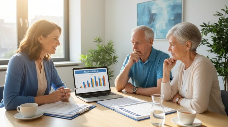Senior couple reviewing Medicare Plan G pros and cons with an advisor.