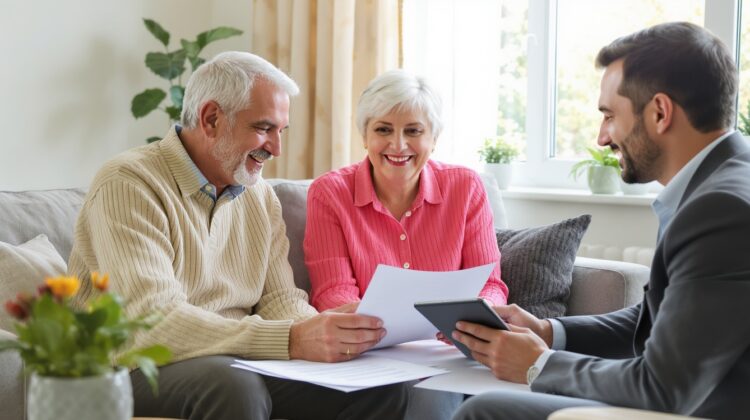 Senior couple discussing HumanaChoice PPO Medicare Advantage plan details with a licensed insurance advisor at home.