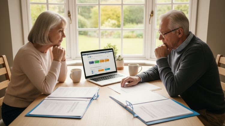 A senior couple reviewing Medicare options at a kitchen table with a laptop and paperwork.