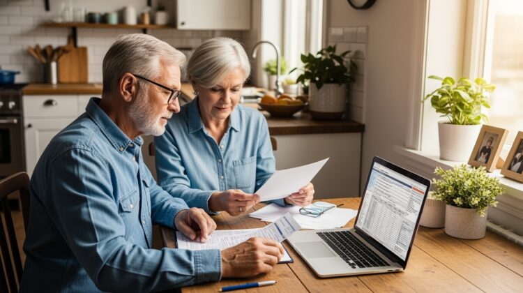A senior couple reviewing financial documents related to Medicare premiums at a kitchen table.