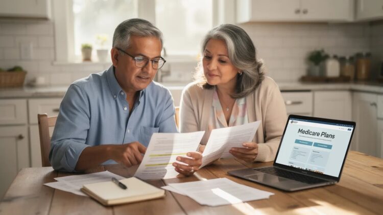 A senior couple examining health insurance documents at a kitchen table with a laptop open, discussing Medicare options.