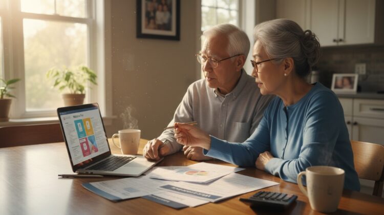 A senior couple discussing Medicare plan options at a kitchen table with a laptop and papers.