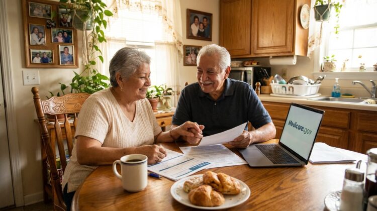 An elderly couple discussing Medicare enrollment at a kitchen table with a laptop and documents.