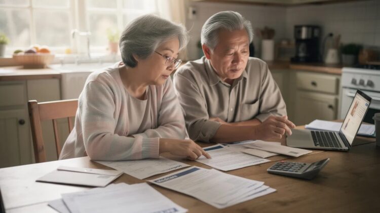 A senior couple reviewing Medicare documents at a kitchen table with papers and a calculator.