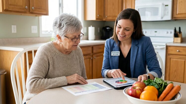 A senior person discussing a nutrition plan with a registered dietitian at a kitchen table filled with fresh produce.
