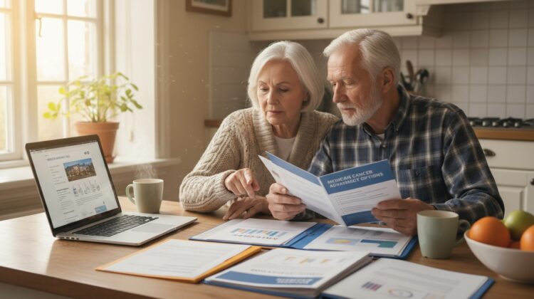 A senior couple at a kitchen table reviewing Medicare documents and discussing cancer treatment options, with brochures and a laptop present.