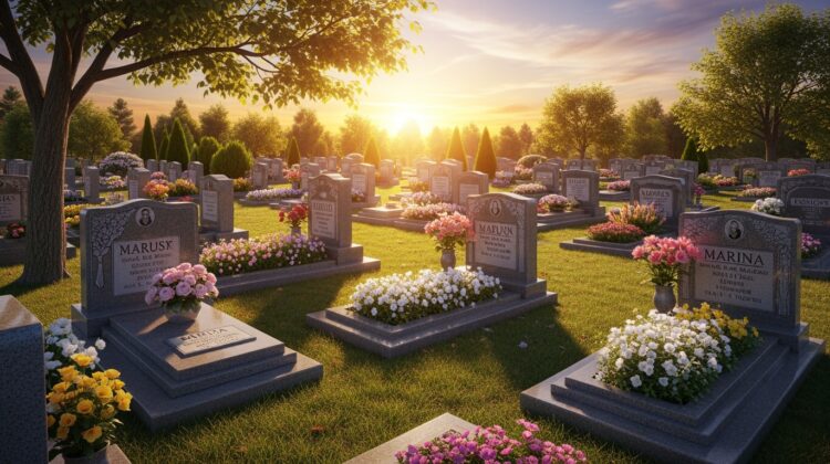 A peaceful cemetery with gravestones and flowers under a sunset sky.