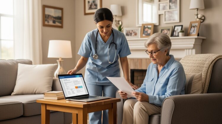A senior person in an armchair with a caregiver discussing home health services in a bright living room.