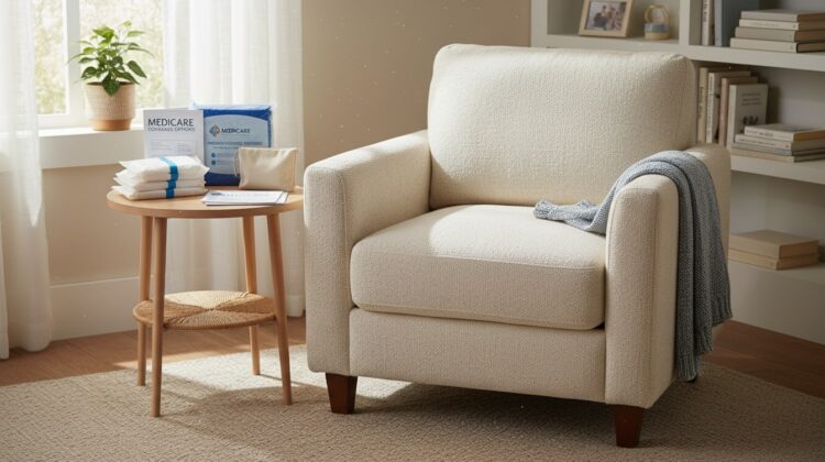 A cozy living room with incontinence supplies on a side table, including absorbent pads and brochures about Medicare coverage.