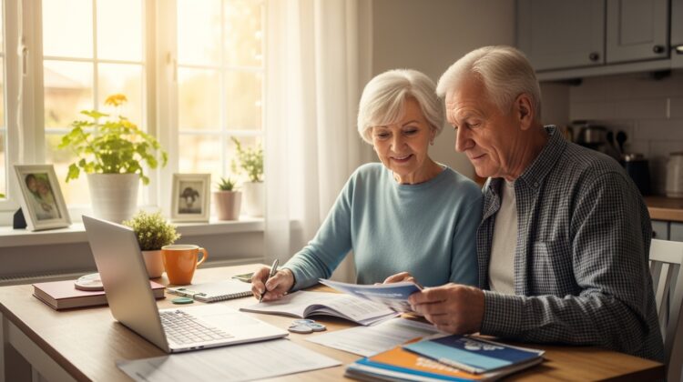 A senior couple discussing Medicare plan options at a kitchen table with a laptop and paperwork.