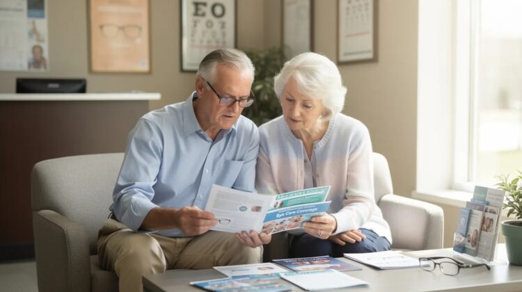 A senior couple discussing Medicare plan options at the optometrist's office with health brochures on the table.