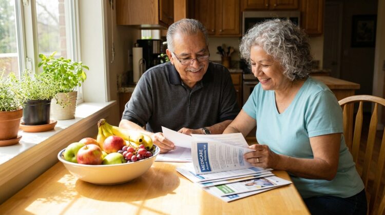 A senior couple discussing health documents at a kitchen table, preparing for a Medicare Annual Wellness Visit.
