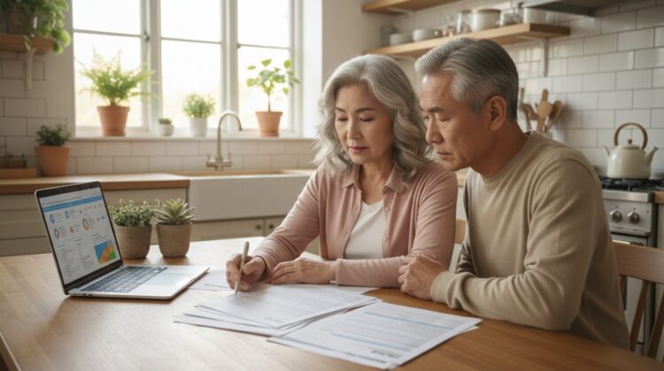 A senior couple reviewing Medicare enrollment forms at a kitchen table with a laptop.