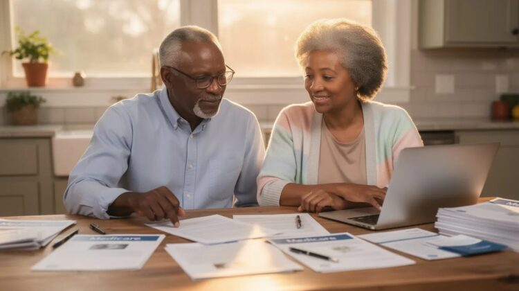 A senior couple discussing Medicare Advantage plans at a kitchen table with brochures and a laptop.