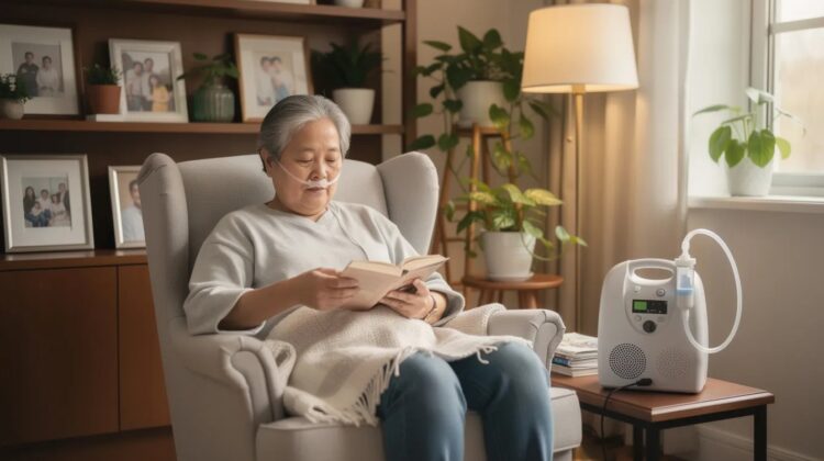 A senior person in a cozy living room using a portable oxygen concentrator while reading a book.