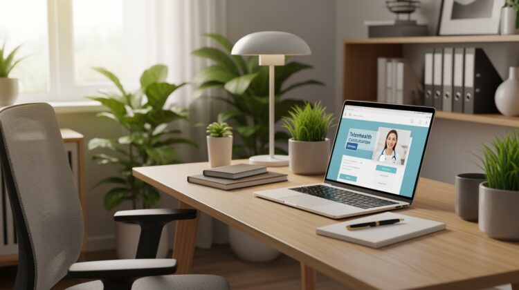 A cozy home office with a laptop, notepad, and plants, ideal for telehealth consultations.