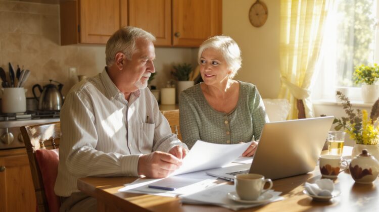 A senior couple at a kitchen table discussing Medicare coverage with health documents and a laptop.