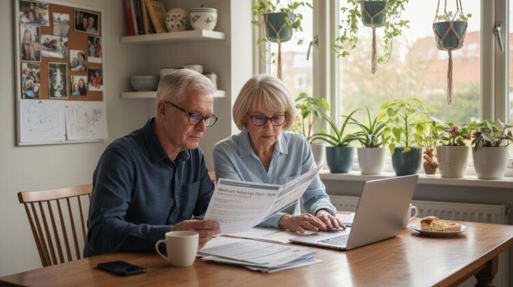 A senior couple reviewing Medicare Advantage Plan documents at a kitchen table with a laptop open in front of them.