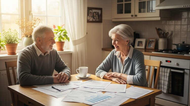 A senior couple at a kitchen table, looking at financial documents and discussing Medicare Savings Programs.