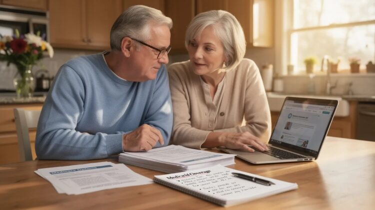 A senior couple at a kitchen table, looking at healthcare documents and a laptop, discussing Medicare and Medicaid benefits.