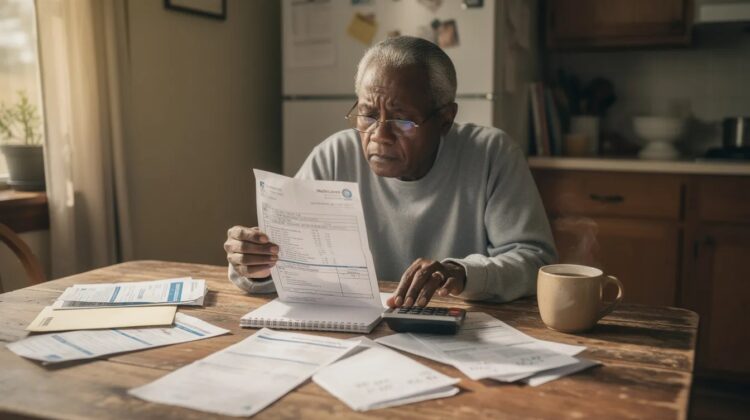 A senior person examining a Medicare bill at a kitchen table with papers and a calculator.